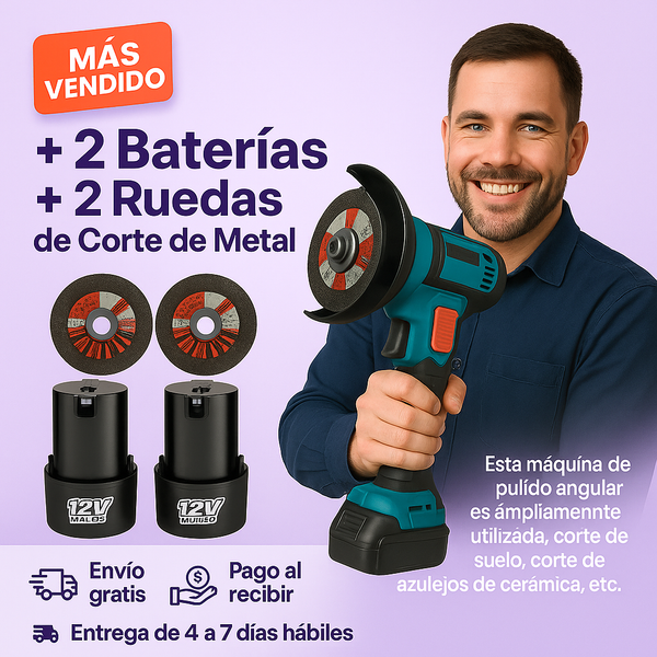 AMOLADORA ANGULAR + 2 Baterías + 2 Ruedas de Corte de Metal